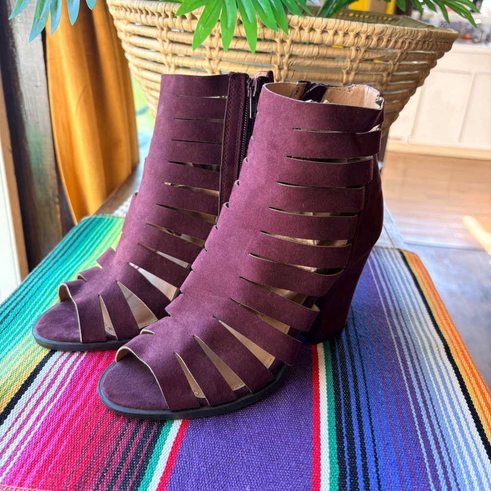 Brash Womens Burgundy Caged Open Toe Block Heel Booties Size 6‎ Faux Suede